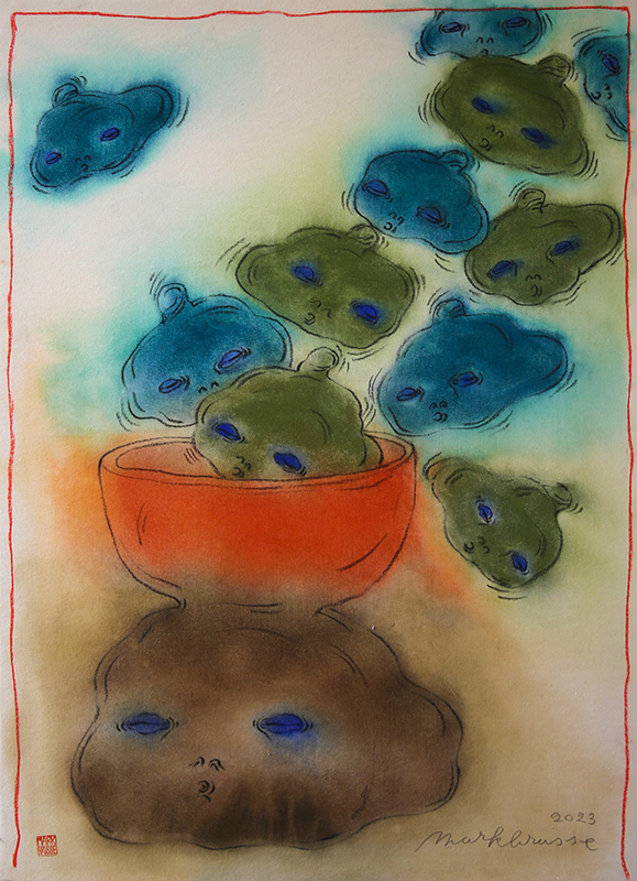 From Legba's bowl, 2023, détrempe et pastel gras sur toile, 128 x 93 x 2 cm.  (Fiona Lassagne)